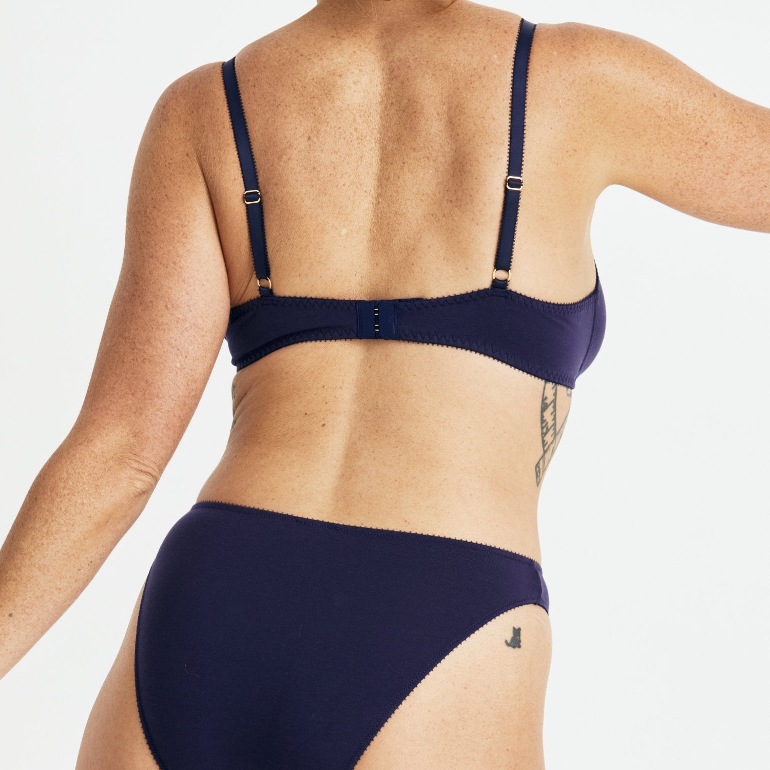 Videris Lingerie Angela underwire free soft cup bra in navy TENCEL™ features adjustable hook and eyes at the back