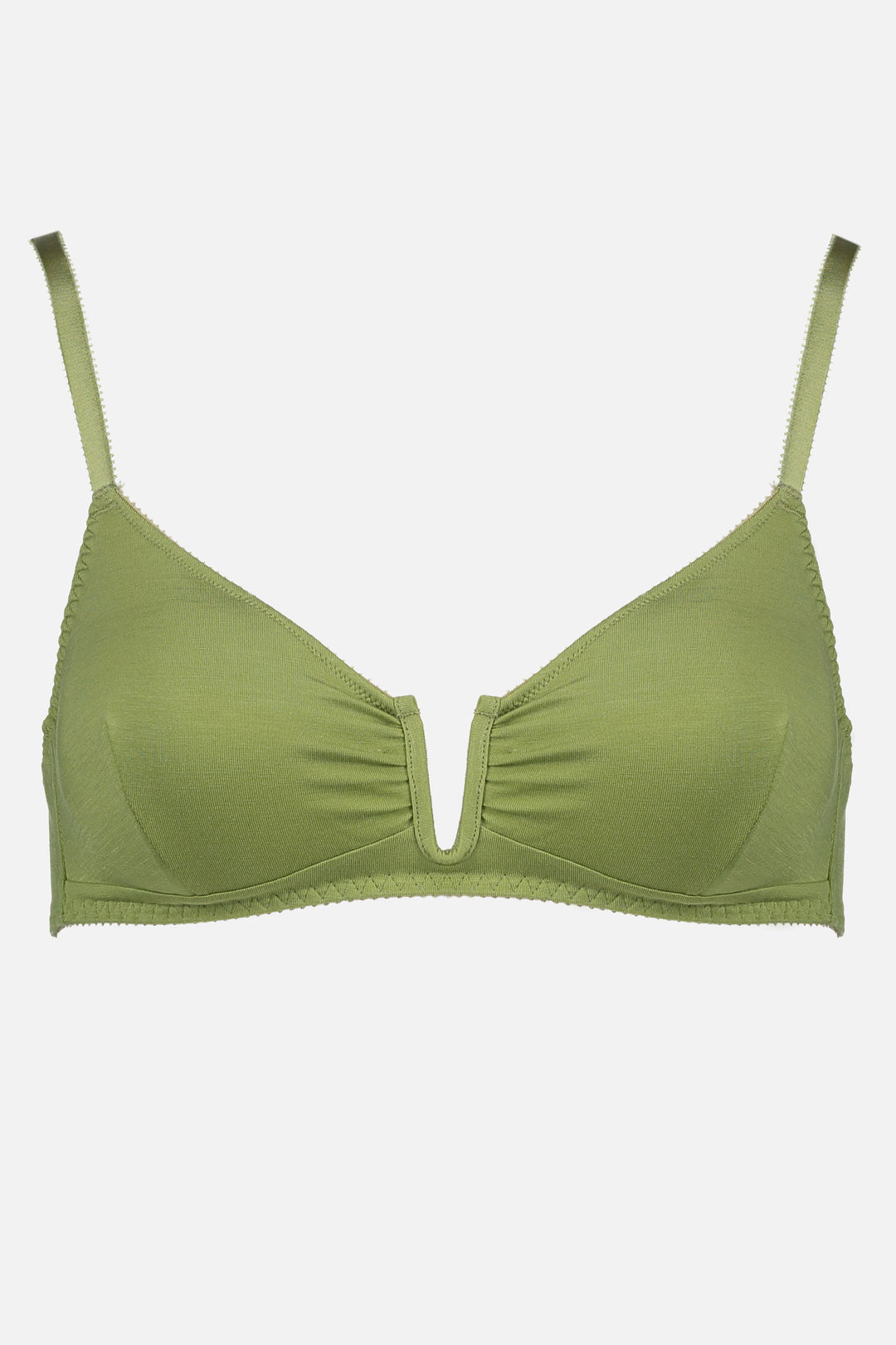 Videris Lingerie Angela underwire free soft cup bra in olive TENCEL™ has a triangle shaped cup and U wire in the front