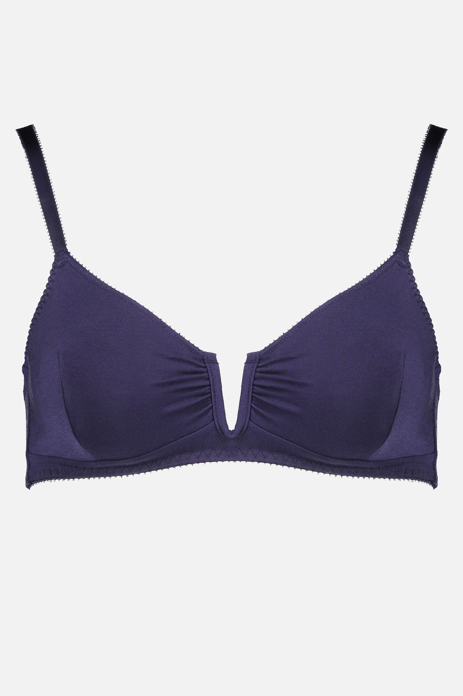 Videris Lingerie Angela underwire free soft cup bra in navy TENCEL™ features a triangle shaped cup and U wire in the front