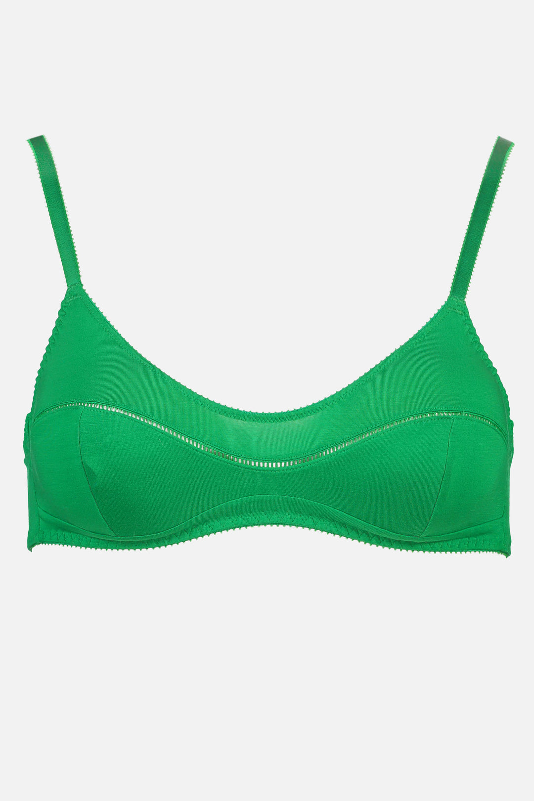 Videris Lingerie Maggie wire free soft cup bra in green TENCEL™ with a scoop neck and ladderstitch detail framing the bust