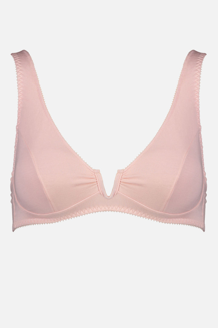Videris Lingerie Sarah underwire free soft cup bra in rosy pink TENCEL™ with a scooped plunge cup and front U wire