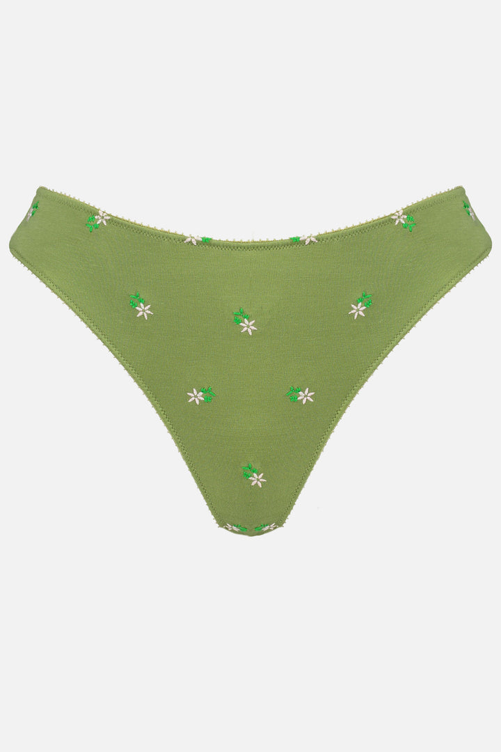 Videris Lingerie bikini knicker in olive embroidered TENCEL™ a mid-rise style cut to follow the natural curve of your hips