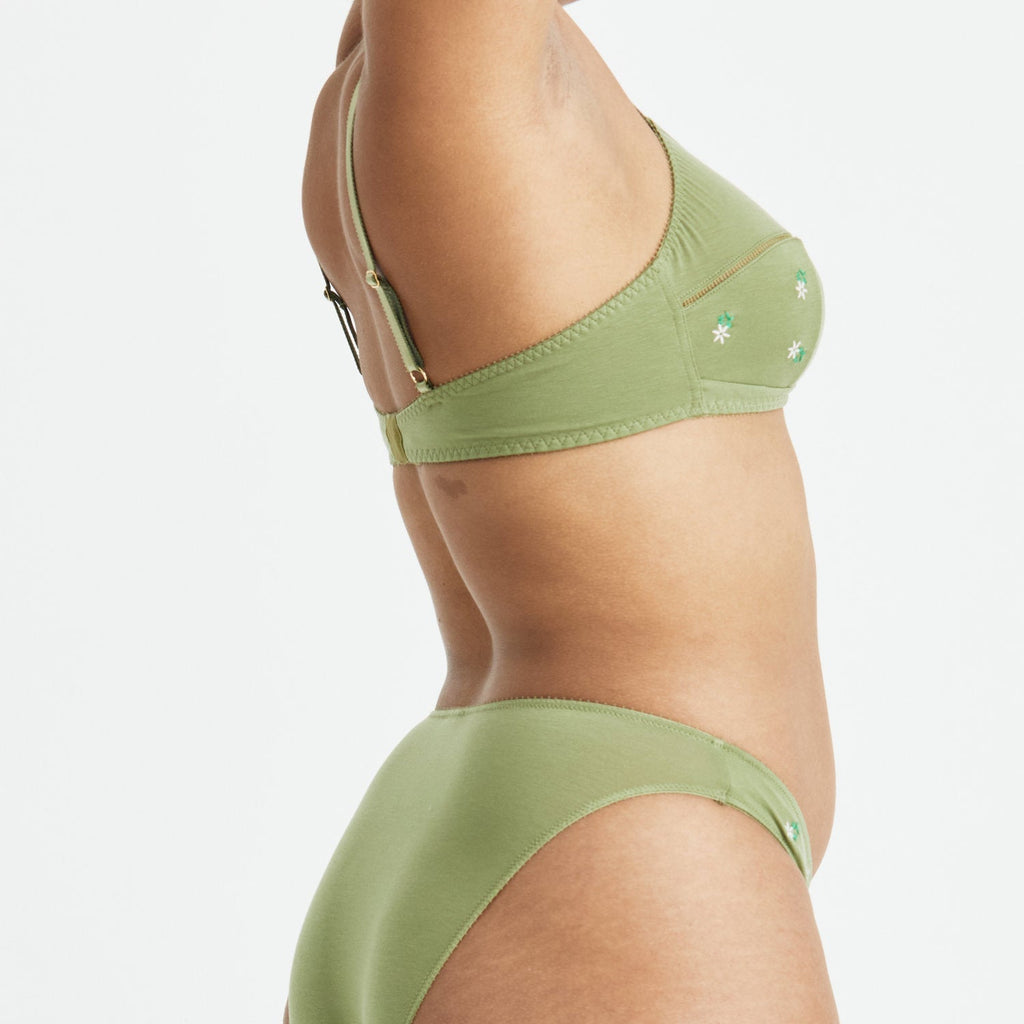 Videris Lingerie Maggie underwire free soft cup bra in olive TENCEL™ features adjustable hook and eyes at the back