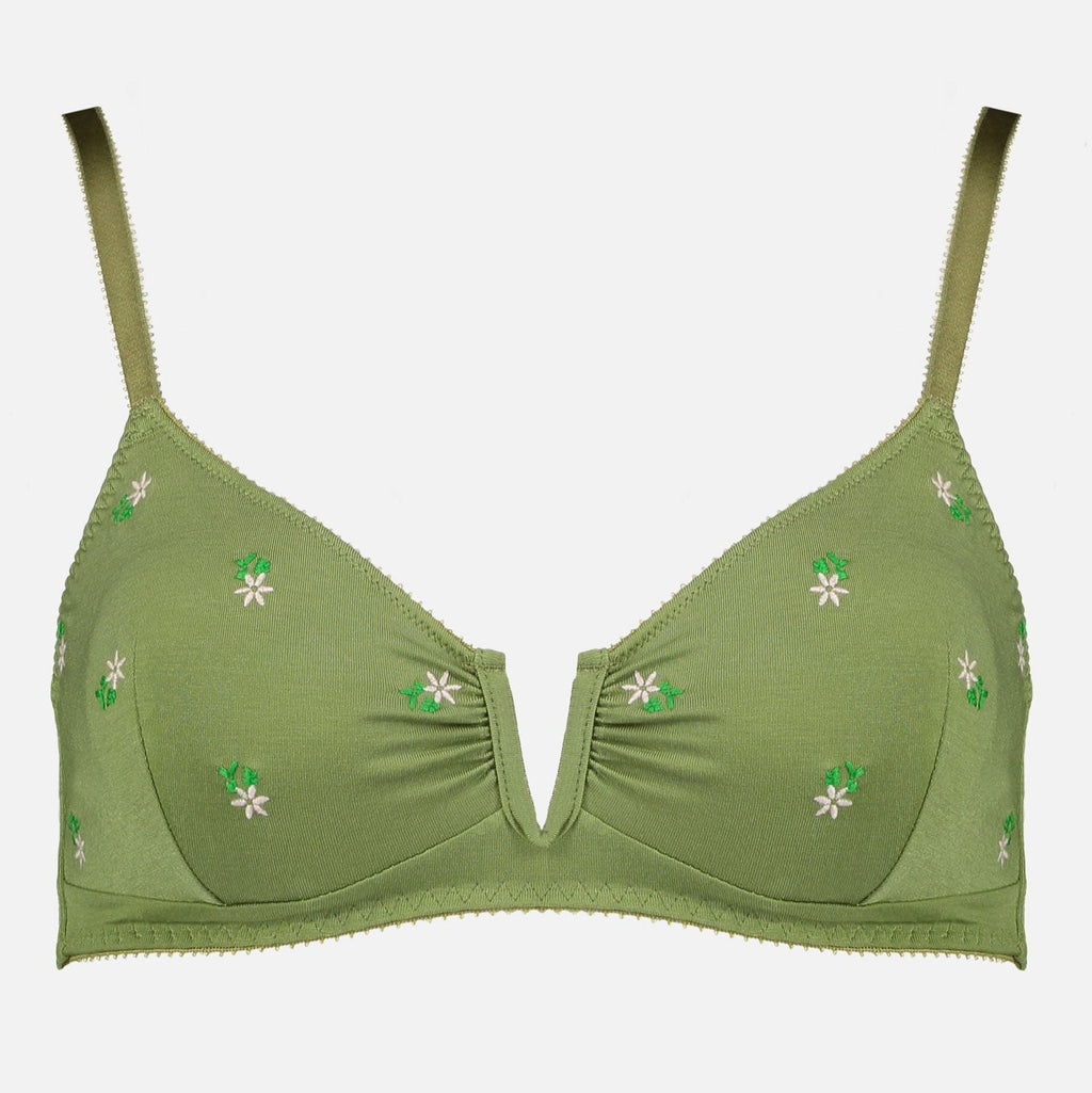 Videris Lingerie Angela wire free soft cup bra in olive embroidered TENCEL™ features a triangle shaped cup and front U wire