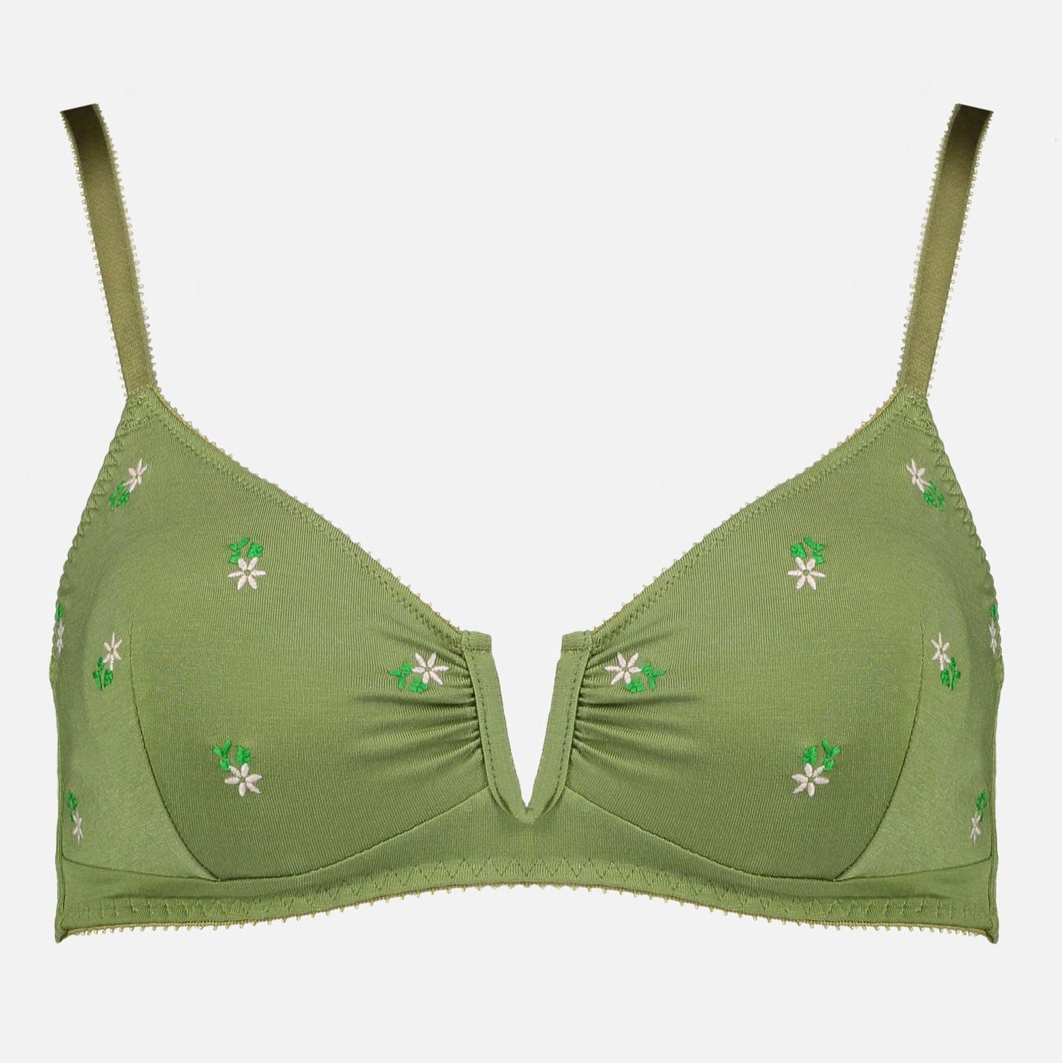 Videris Lingerie Angela wire free soft cup bra in olive embroidered TENCEL™ features a triangle shaped cup and front U wire