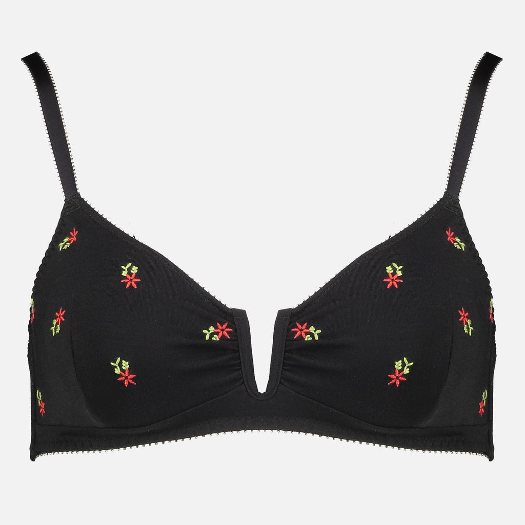 Videris Lingerie Angela wire free soft cup bra in black embroidered TENCEL™ features a triangle shaped cup and front U wire