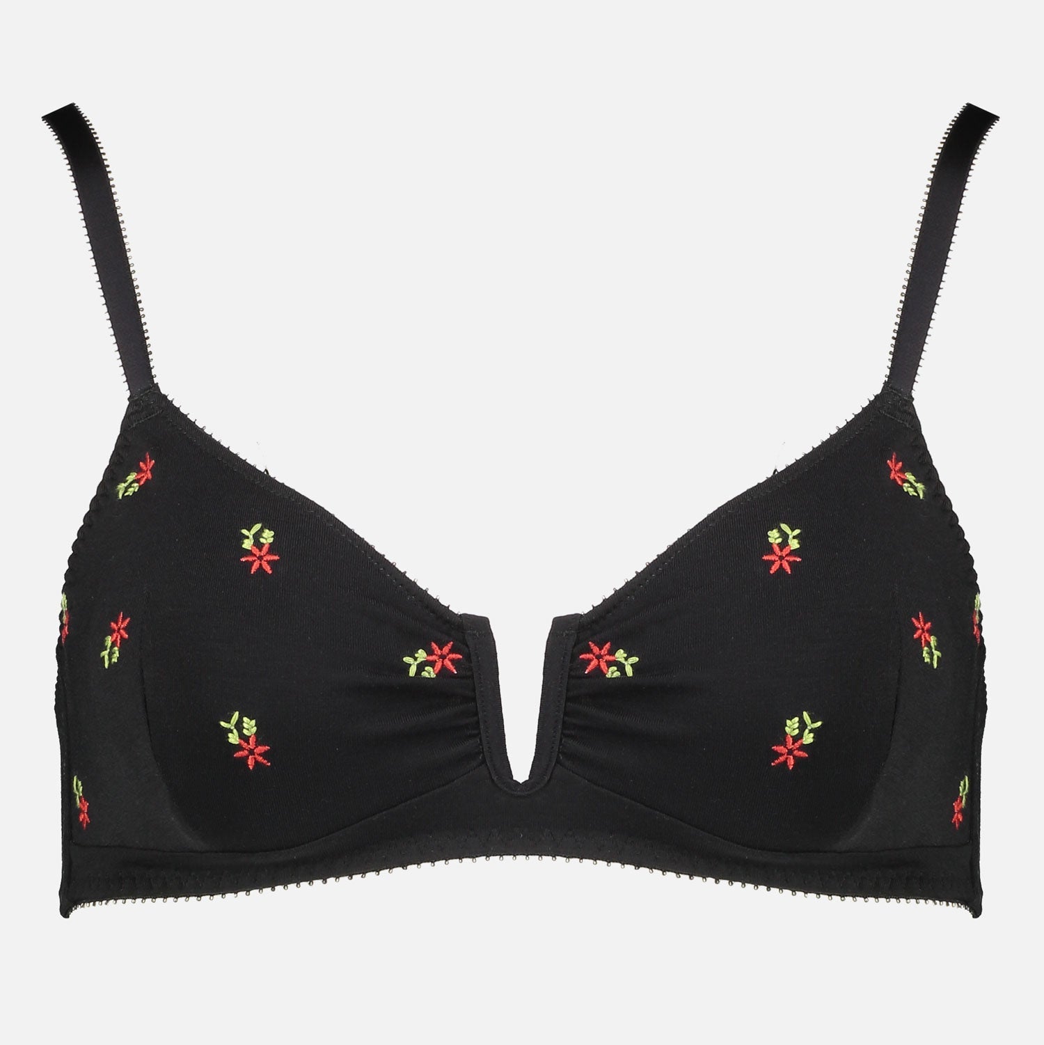 Videris Lingerie Angela wire free soft cup bra in black embroidered TENCEL™ features a triangle shaped cup and front U wire