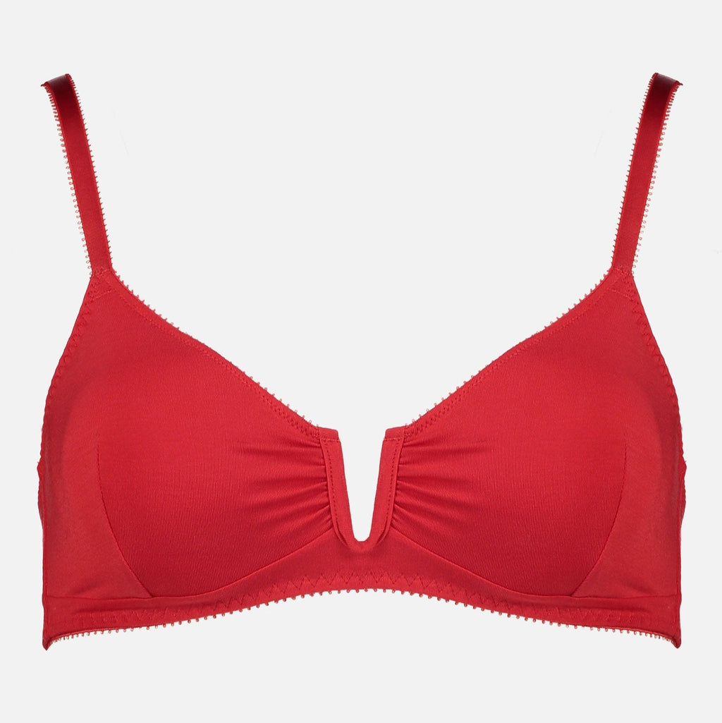Videris Lingerie Angela underwire free soft cup bra in red TENCEL™ features a triangle shaped cup and U wire in the front