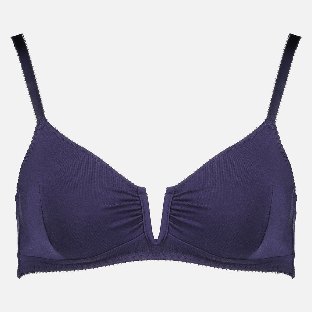 Videris Lingerie Angela underwire free soft cup bra in navy TENCEL™ features a triangle shaped cup and U wire in the front