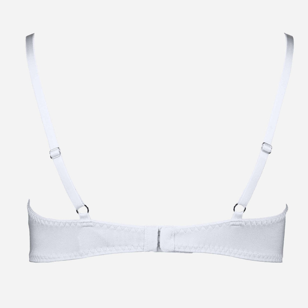 Videris Lingerie Maggie soft cup bra in embroideried white TENCEL™ features adjustable back straps and hook and eyes closure