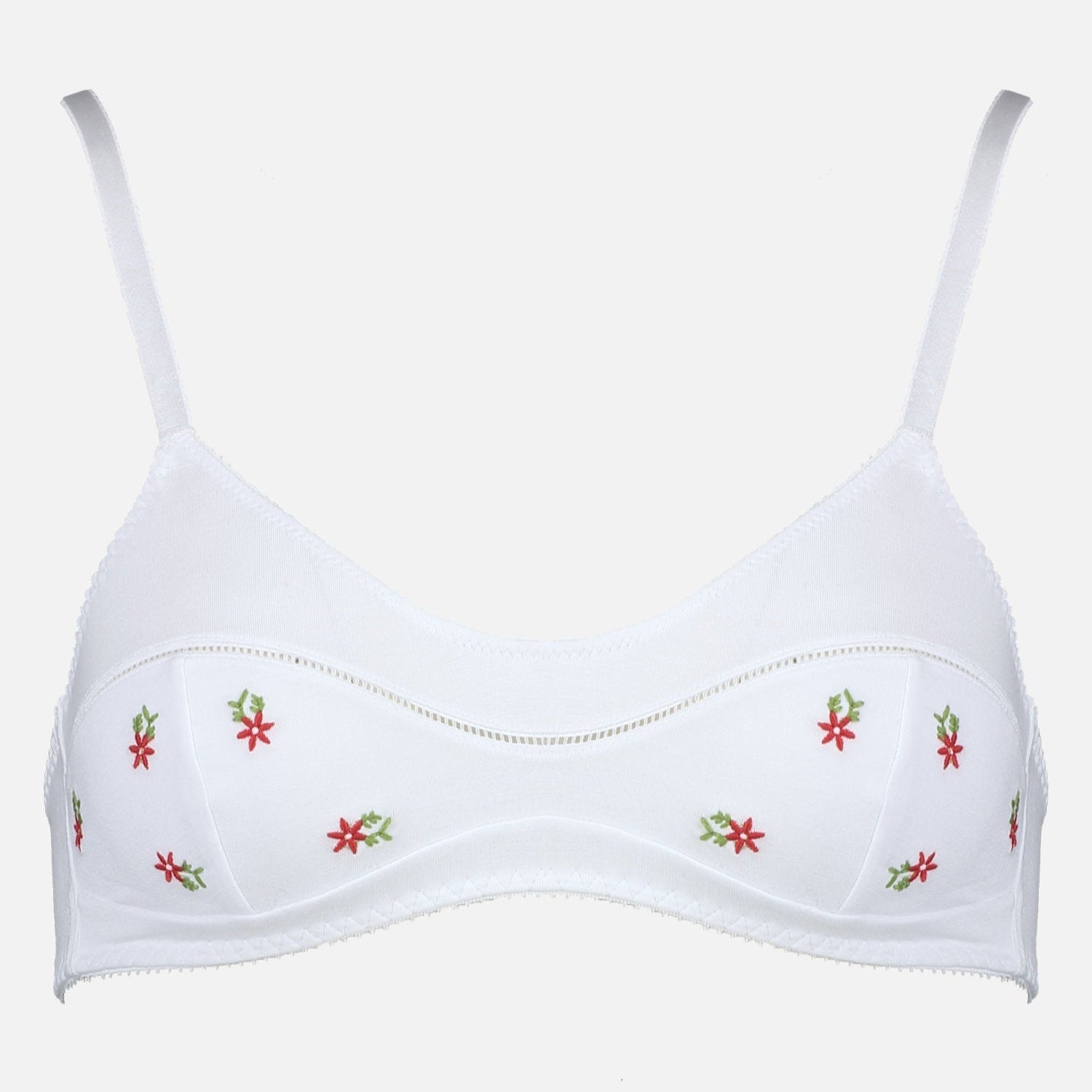 Videris Lingerie Maggie wire free soft cup bra in white embroidered TENCEL™ with a scoop neck and ladderstitch detail