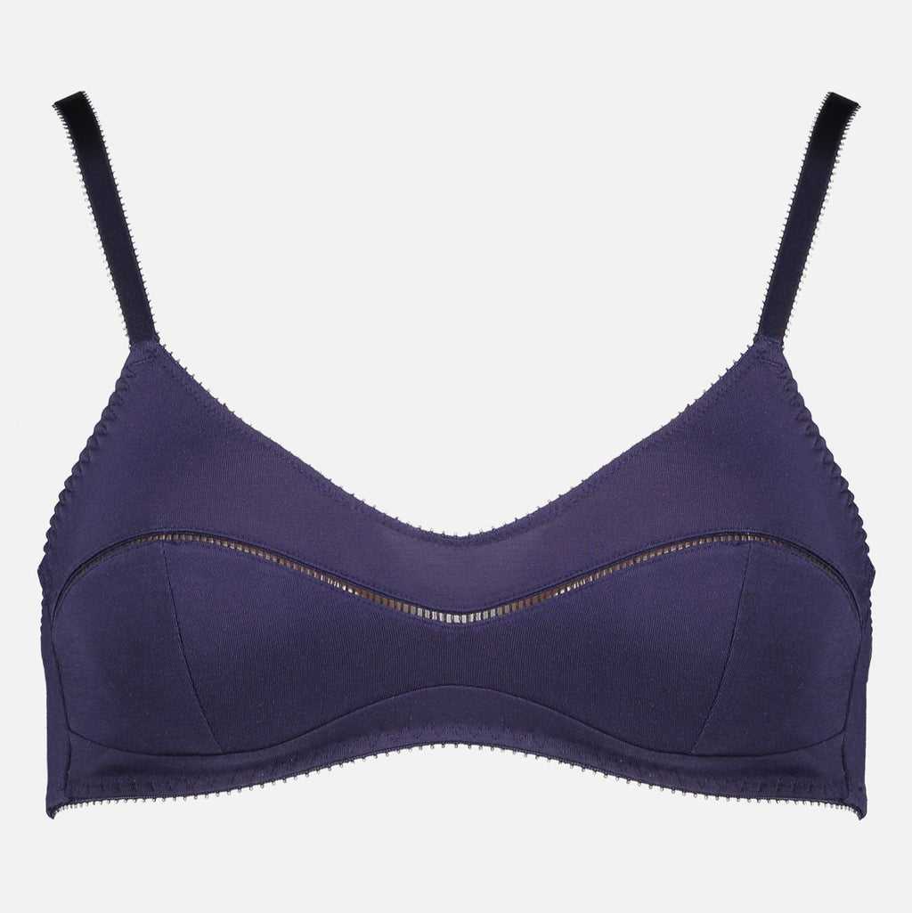 Videris Lingerie Maggie wire free soft cup bra in navy TENCEL™ with a scoop neck and ladderstitch detail framing the bust