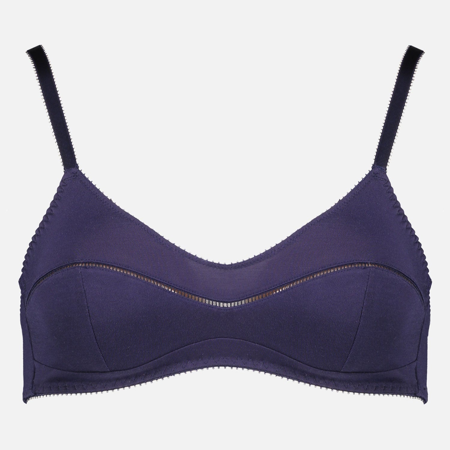Videris Lingerie Maggie wire free soft cup bra in navy TENCEL™ with a scoop neck and ladderstitch detail framing the bust