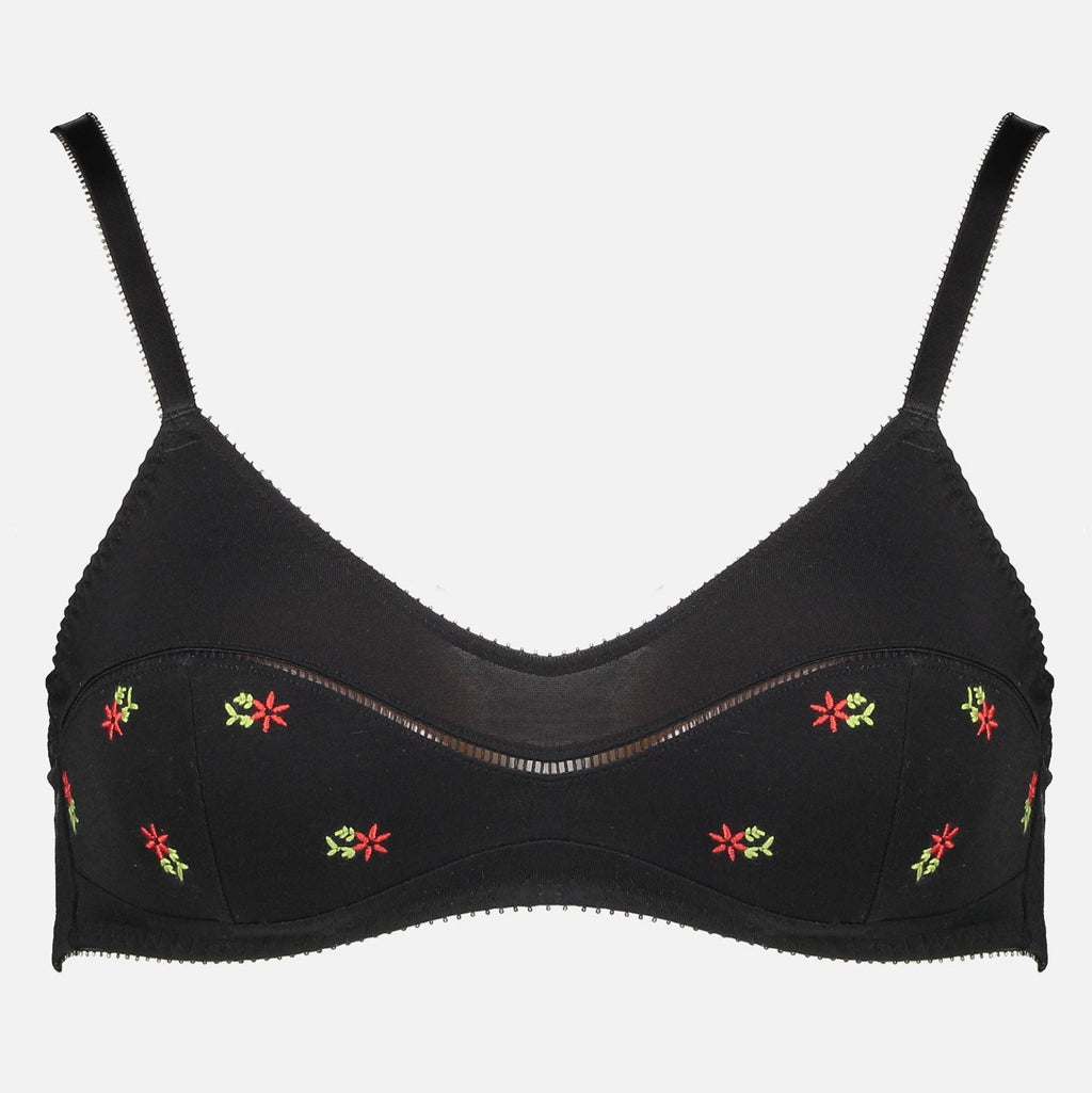 Videris Lingerie Maggie wire free soft cup bra in black embroidered TENCEL™ with a scoop neck and ladderstitch detail