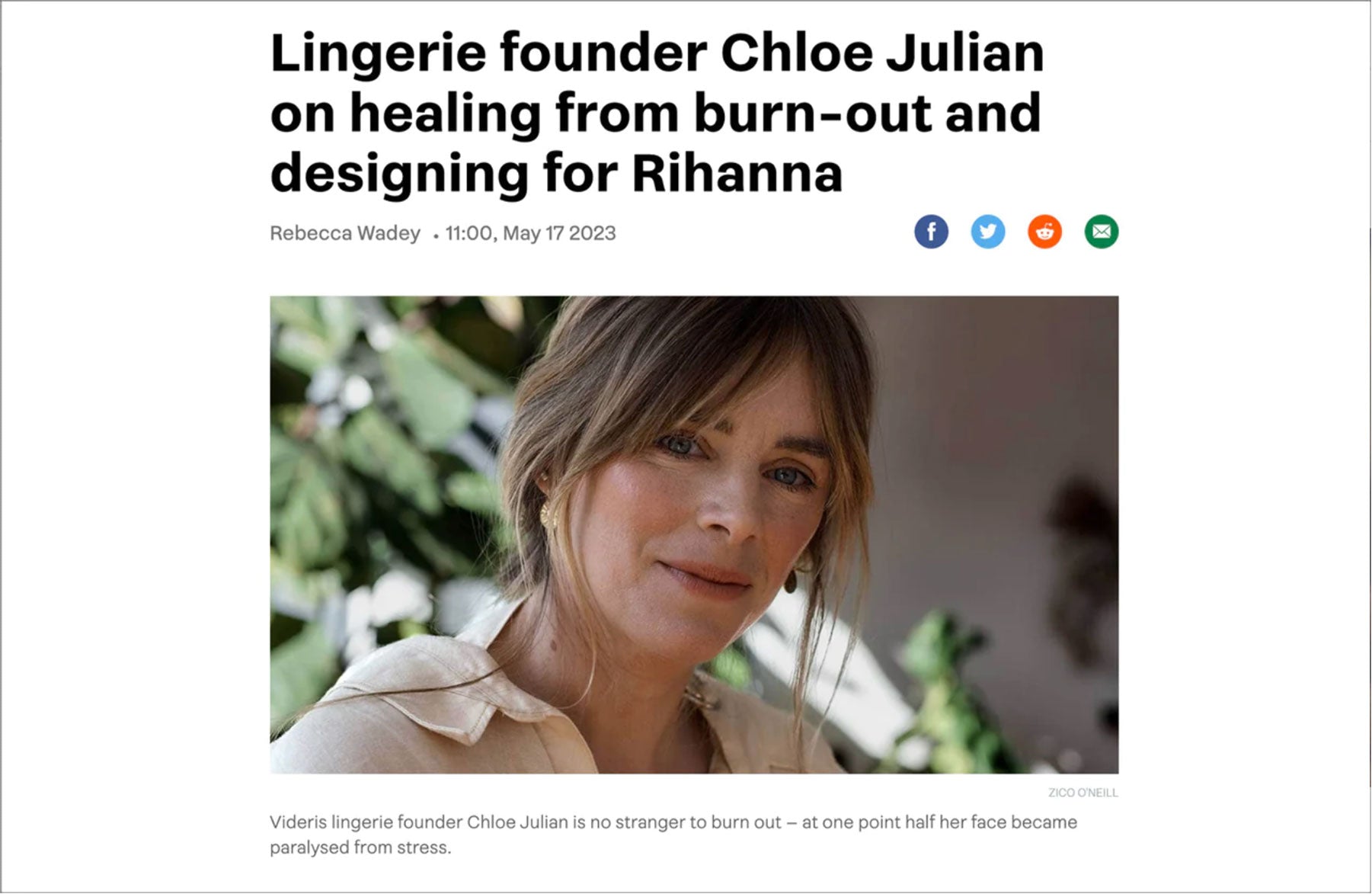 Stuff news article - lingerie founder Chloe Julian on healing from burn-out and designing for Rihanna