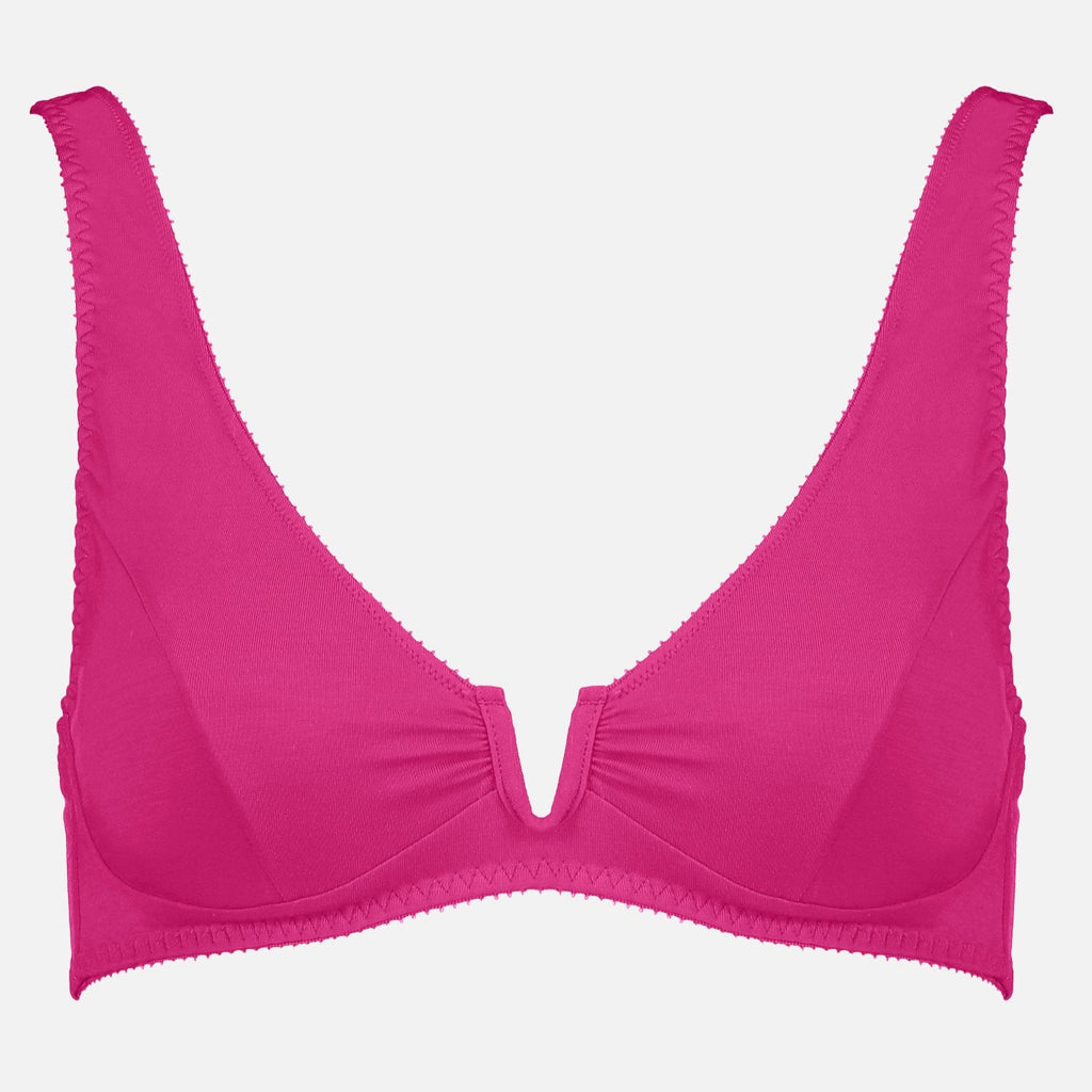 Videris Lingerie Sarah underwire free soft cup bra in magenta TENCEL™ with a scooped plunge cup and front U wire