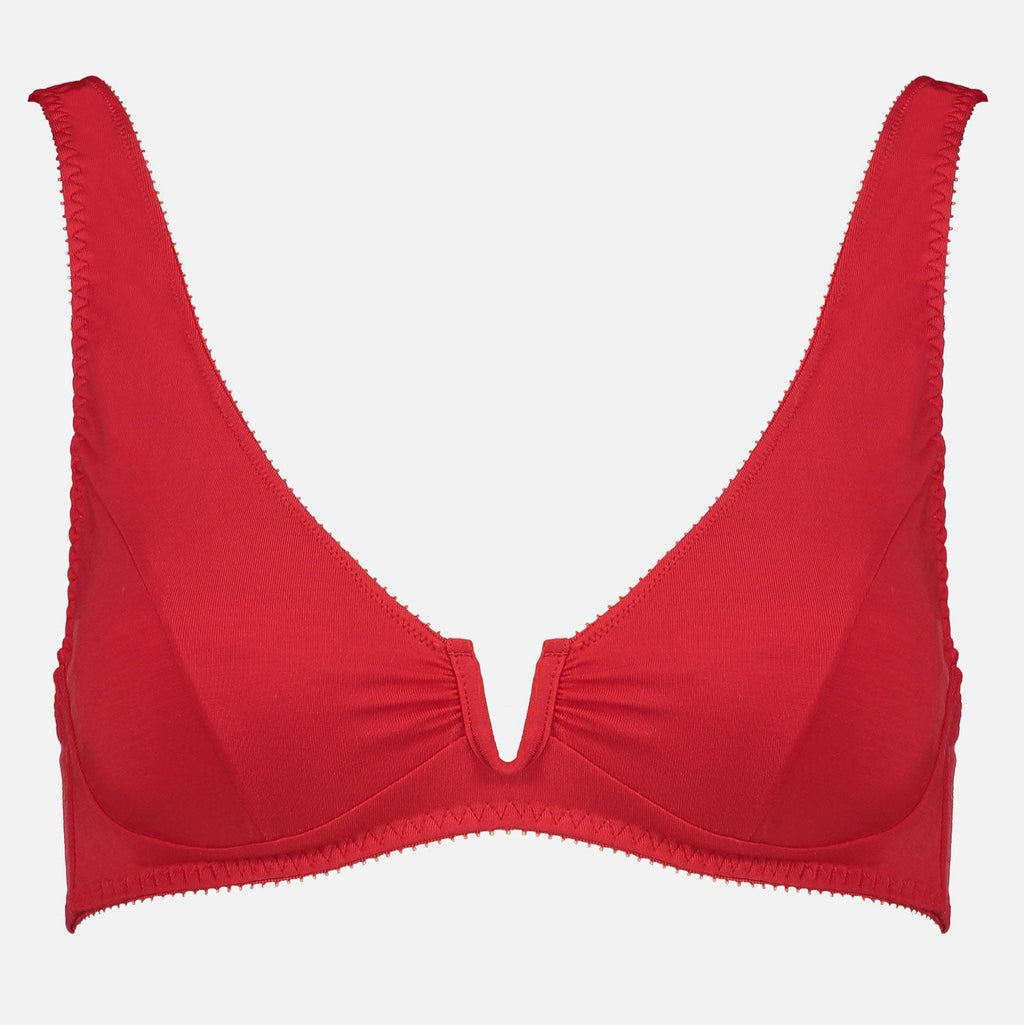 Videris Lingerie Sarah underwire free soft cup bra in red TENCEL™ with a scooped plunge cup and front U wire