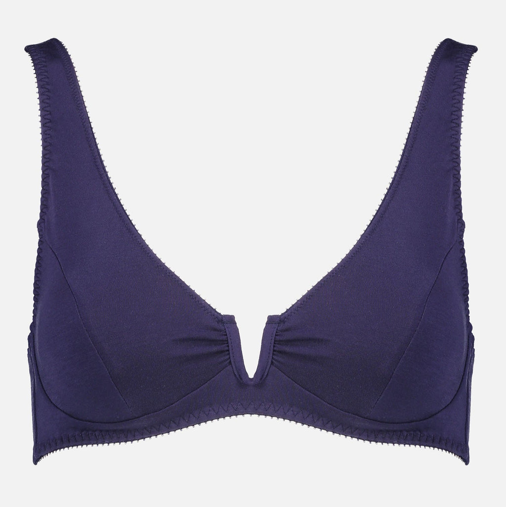 Videris Lingerie Sarah underwire free soft cup bra in navy TENCEL™ with a scooped plunge cup and front U wire