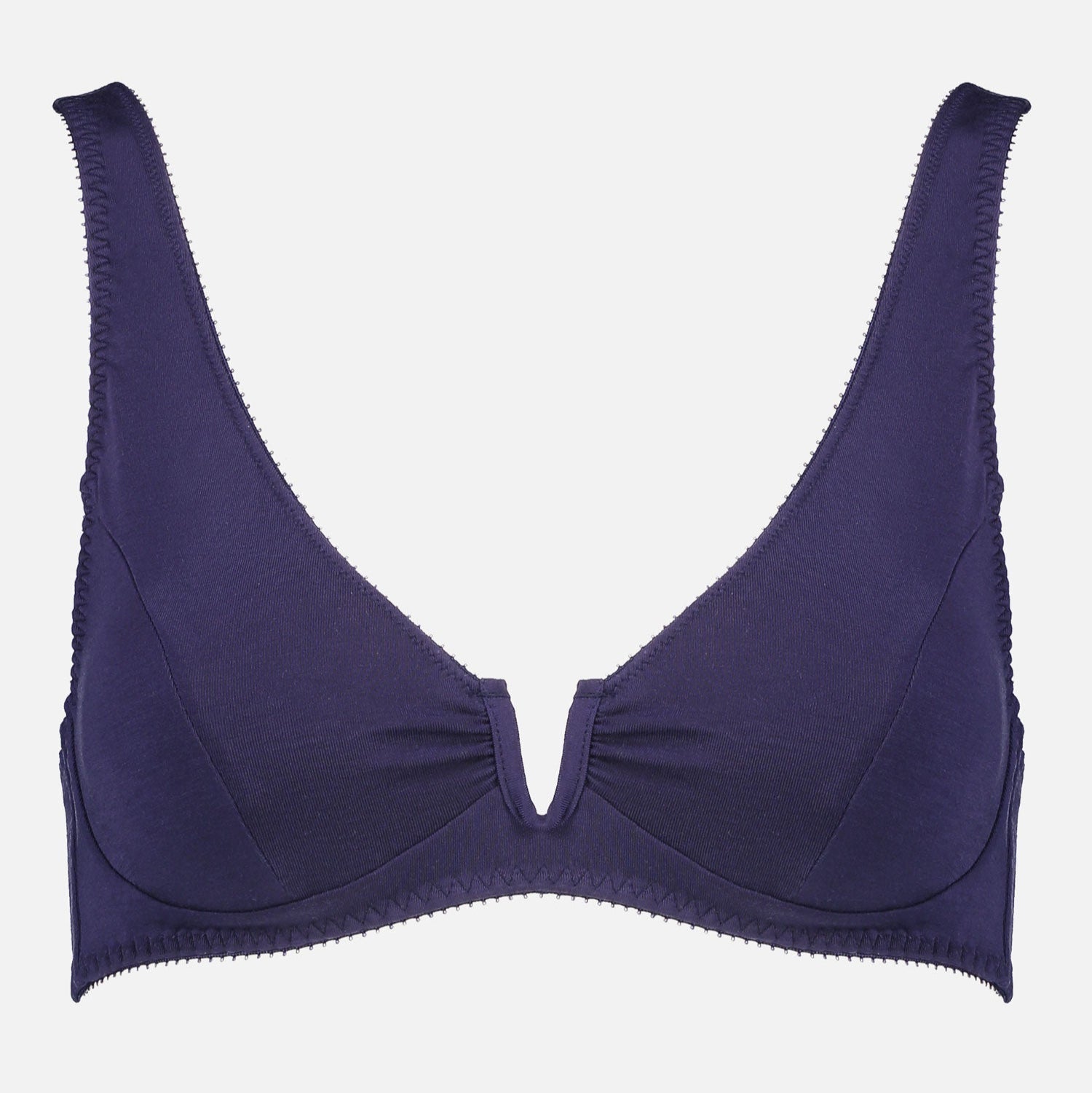 Videris Lingerie Sarah underwire free soft cup bra in navy TENCEL™ with a scooped plunge cup and front U wire