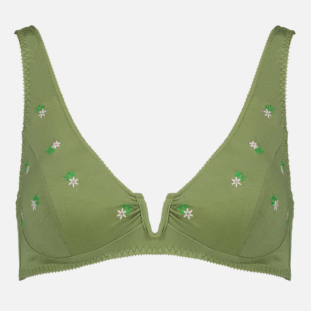 Videris Lingerie Sarah underwire free soft cup bra in olive embroidered TENCEL™ with a scooped plunge cup and front U wire