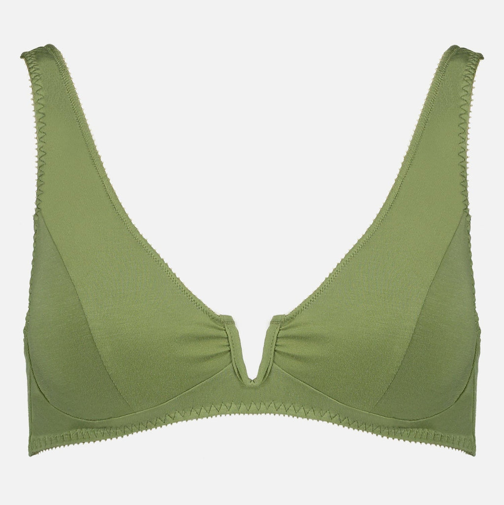 Videris Lingerie Sarah underwire free soft cup bra in olive embroidered TENCEL™ with a scooped plunge cup and front U wire