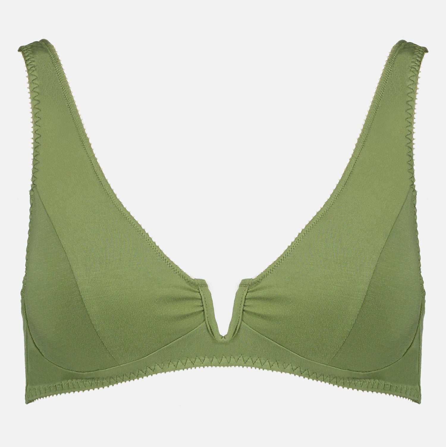 Videris Lingerie Sarah underwire free soft cup bra in olive embroidered TENCEL™ with a scooped plunge cup and front U wire