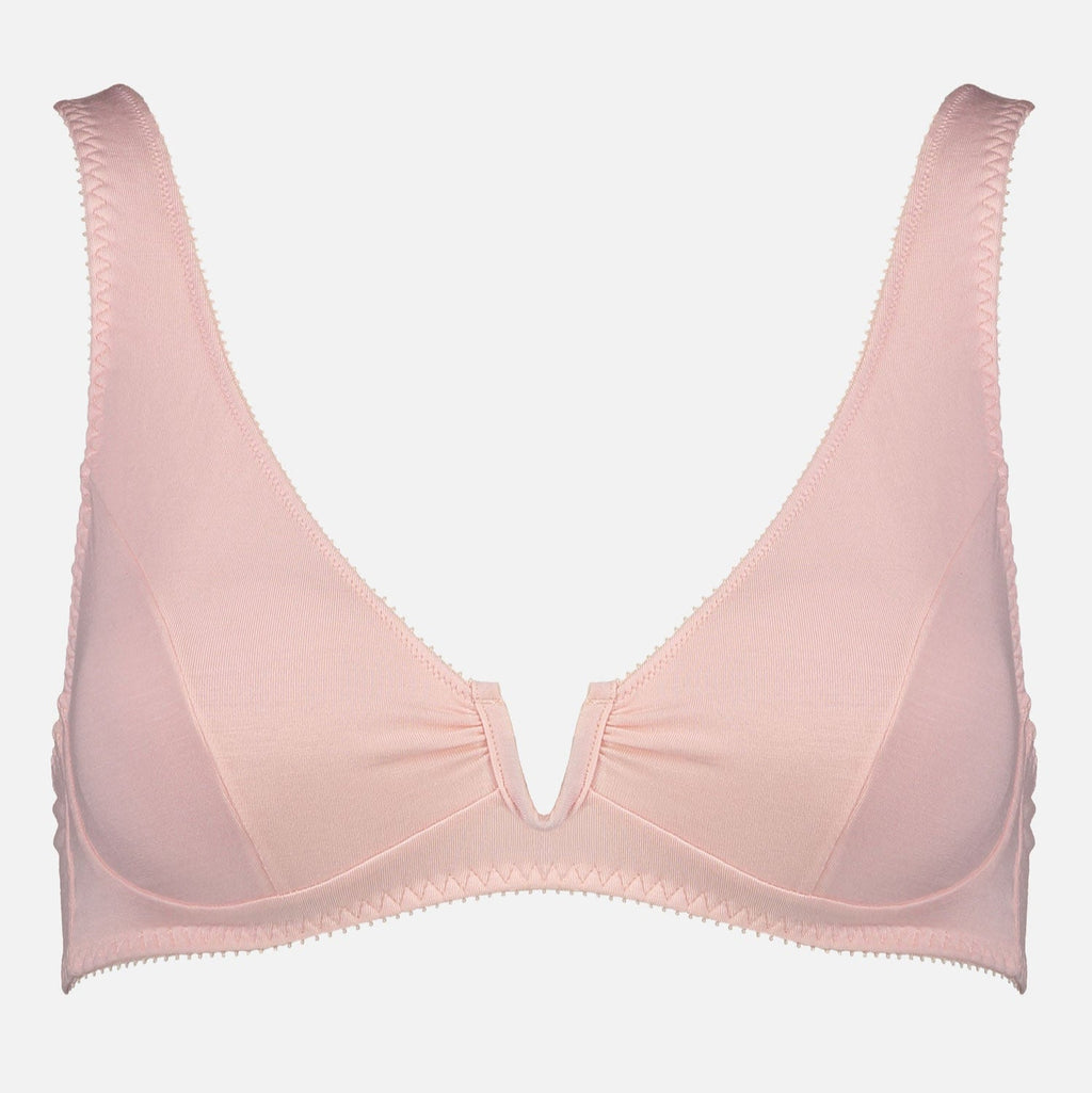 Videris Lingerie Sarah underwire free soft cup bra in rosy pink TENCEL™ with a scooped plunge cup and front U wire
