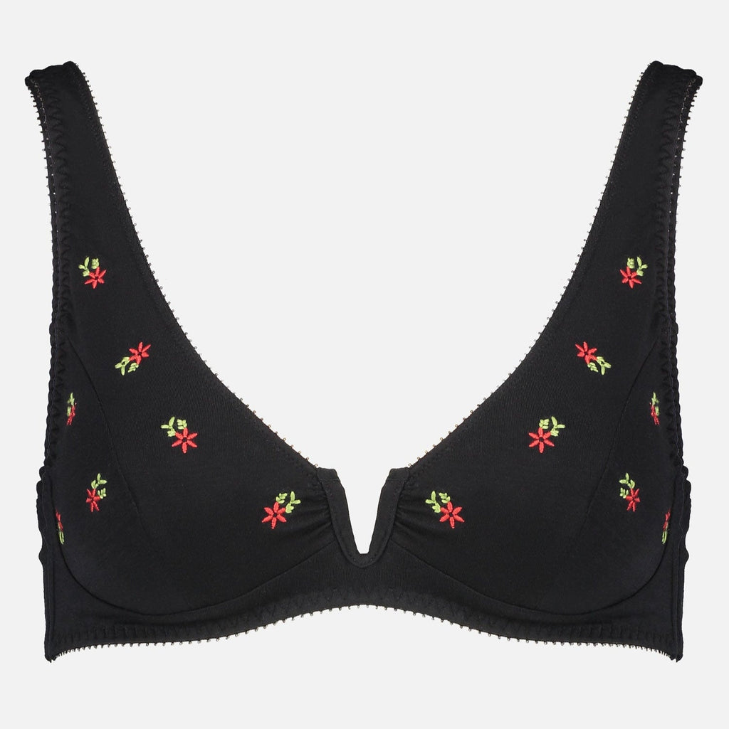 Videris Lingerie Sarah underwire free soft cup bra in black embroidered TENCEL™ with a scooped plunge cup and front U wire