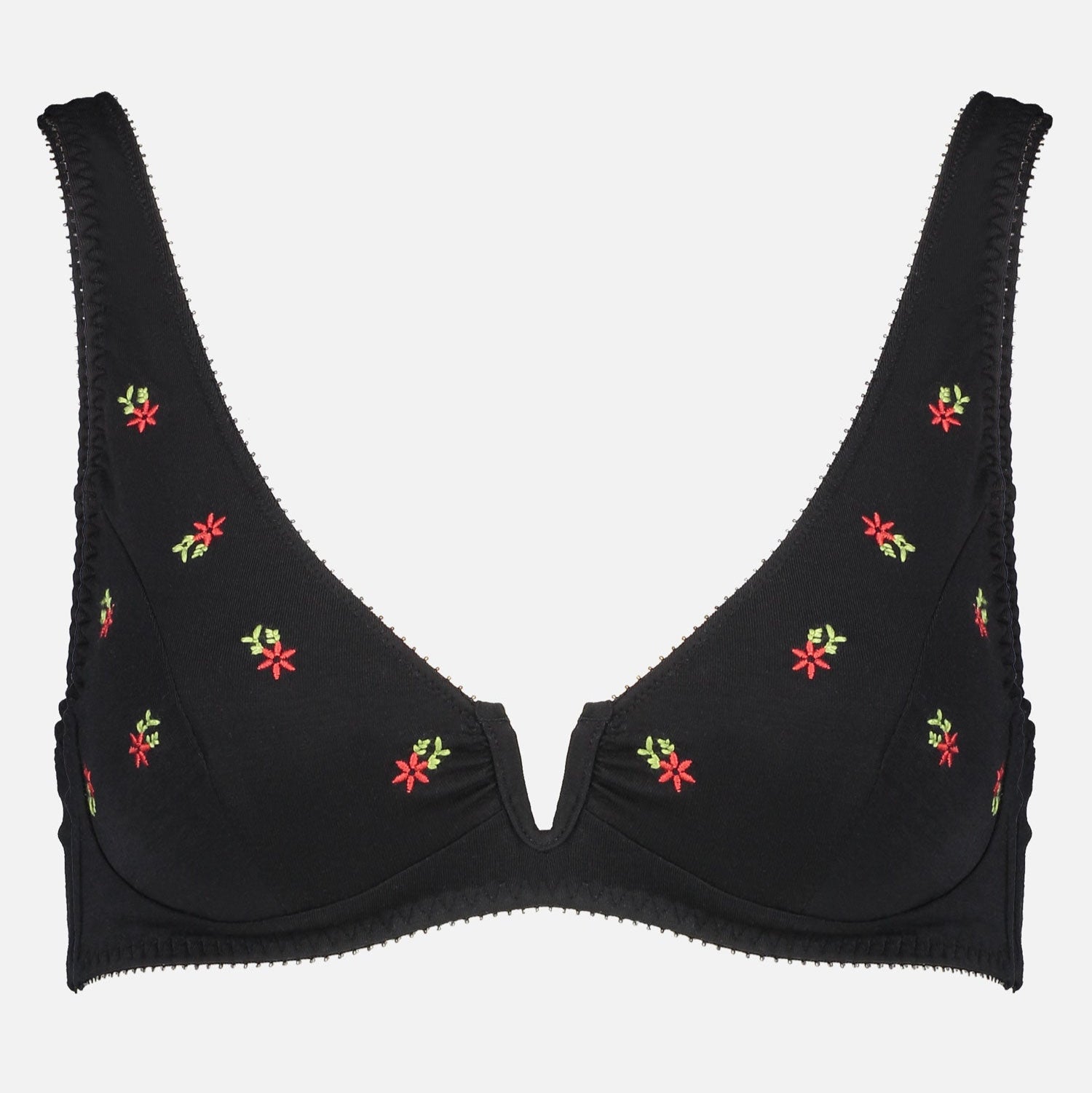 Videris Lingerie Sarah underwire free soft cup bra in black embroidered TENCEL™ with a scooped plunge cup and front U wire
