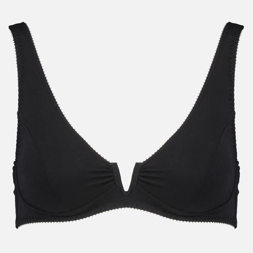 Videris Lingerie Sarah underwire free soft cup bra in black TENCEL™ with a scooped plunge cup and front U wire