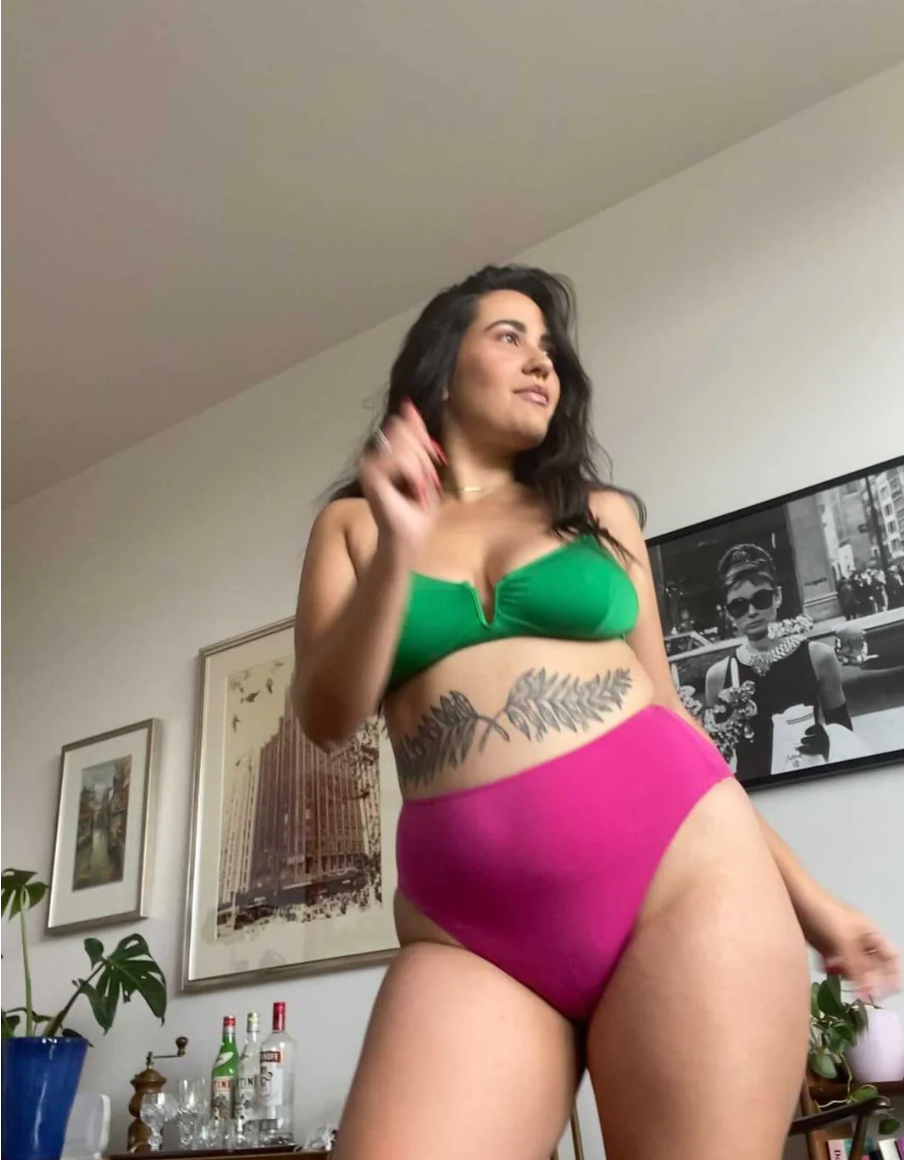 feel good in your lingerie with lingerie that is wire-free, comfortable, supportive. wearing angela bra in poise green and whitney high waist bikini in bohemian