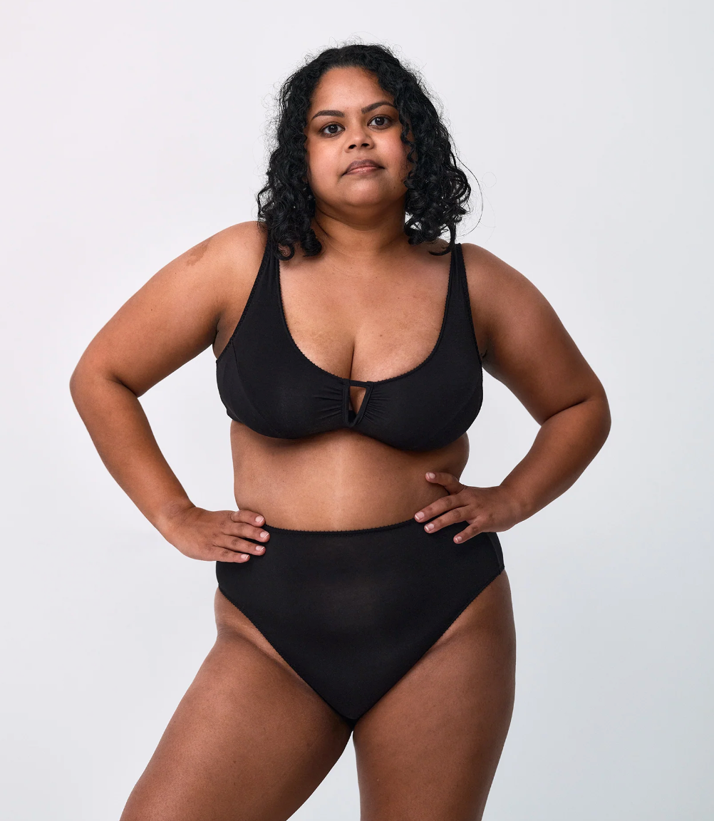 comfortable, supportive lingerie that makes you feel good. wearing rachel bra in shield and whitney high waist bikini in shield