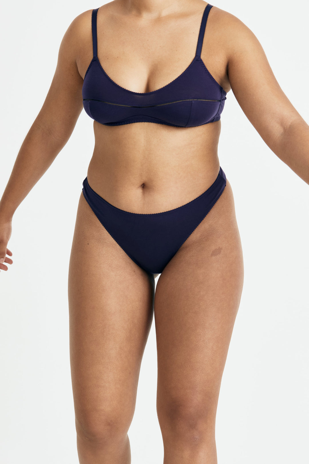 Videris Lingerie Maggie underwire free soft cup bra in indigo TENCEL™ with ladderstitch detail and scooped neckline