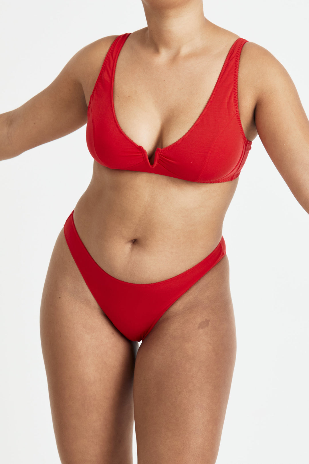 Videris Lingerie Sarah underwire free soft cup bra in red TENCEL™ features a scooped plunge cup and front gathers
