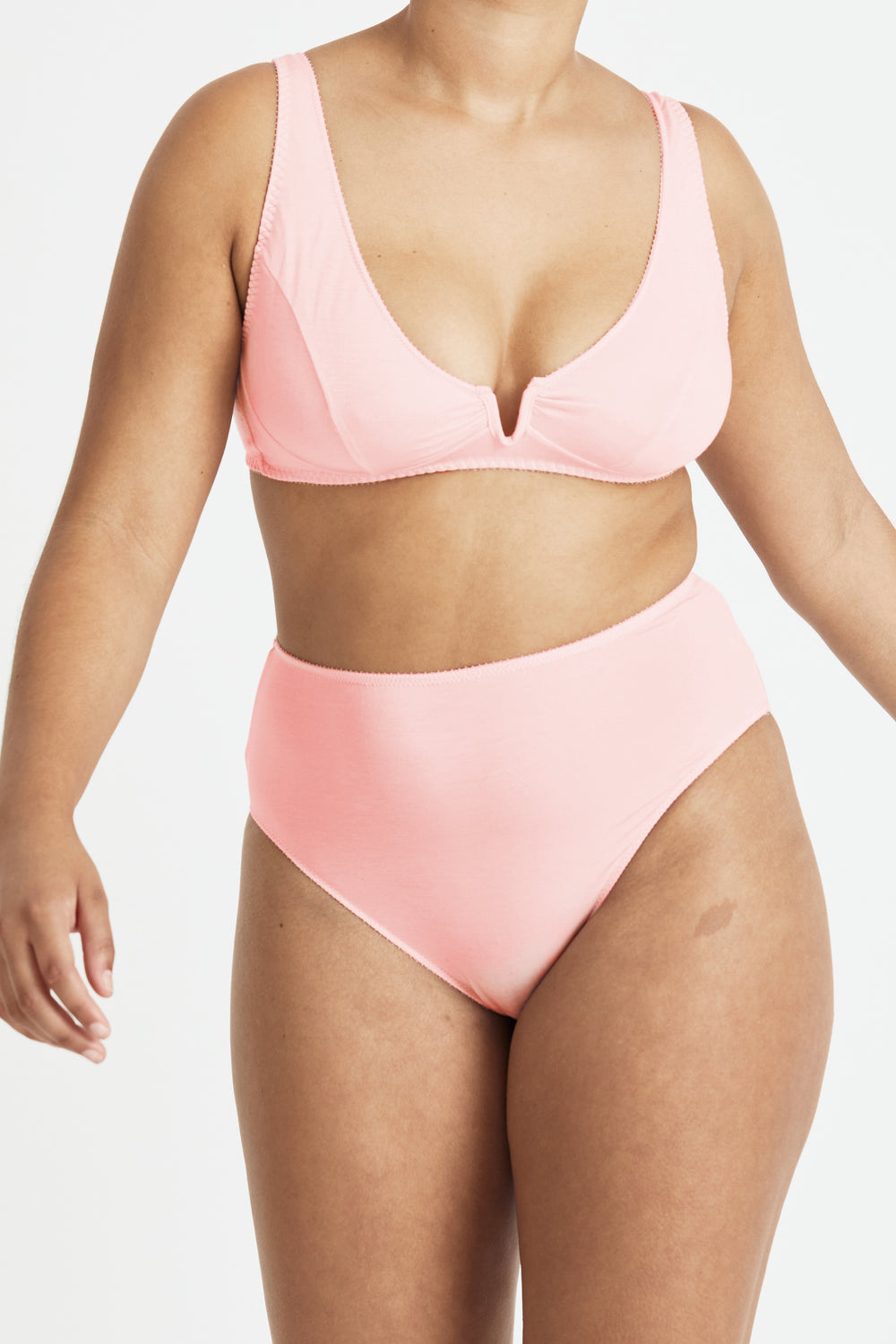 Videris Lingerie Sarah underwire free soft cup bra in blush pink TENCEL™ features a scooped plunge cup and front gathers