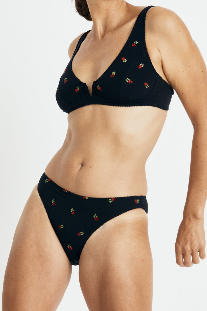 Videris Lingerie Sarah wire free soft cup bra in black embroidered TENCEL™ features a scooped plunge cup and front gathers