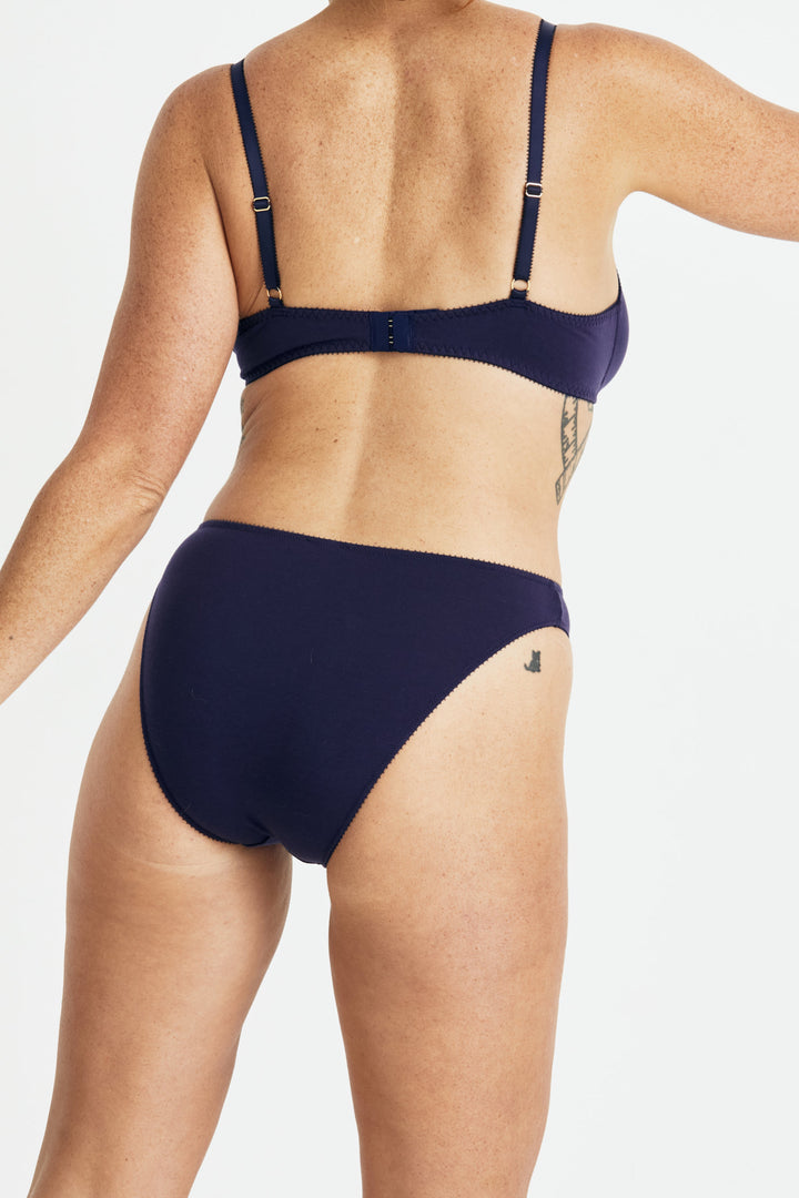 Videris Lingerie Angela underwire free soft cup bra in navy TENCEL™ features adjustable hook and eyes at the back