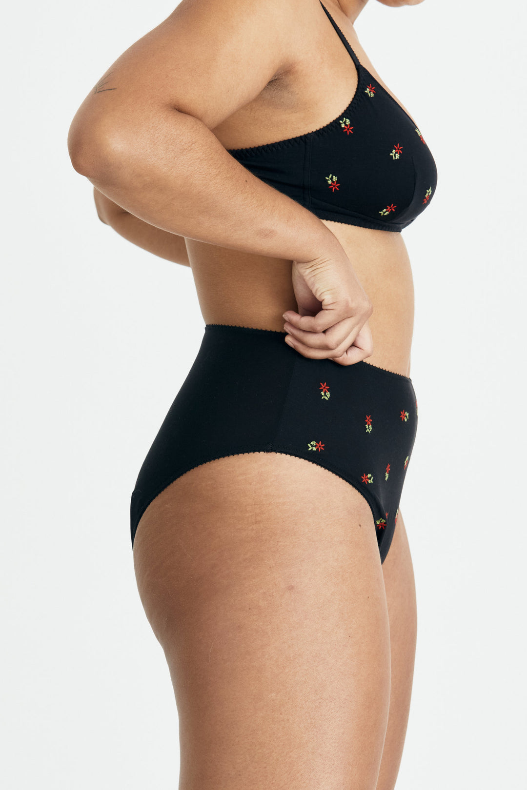 Videris Lingerie high waist knicker in black blossom embroidered TENCEL™ with a flattering legline curving over the hip