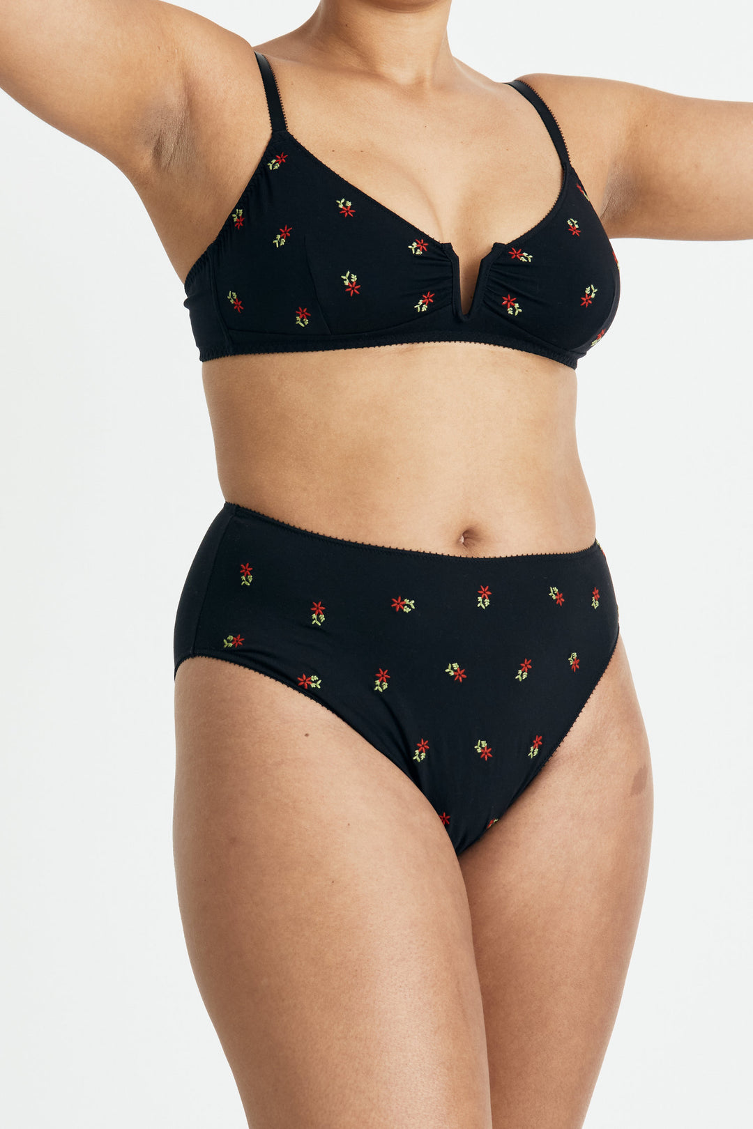 Videris Lingerie Angela wire free black soft cup bra in embroidered TENCEL™ features a triangle shaped cup and front gathers