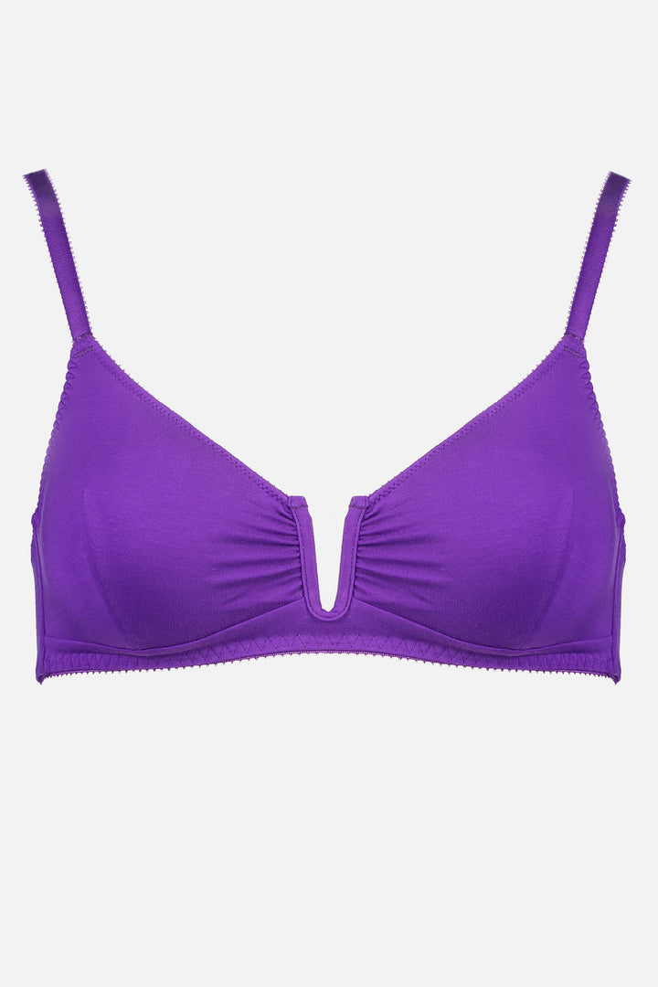 Videris Lingerie Angela underwire free soft cup bra in purple TENCEL™ has a triangle shaped cup and U wire in the front