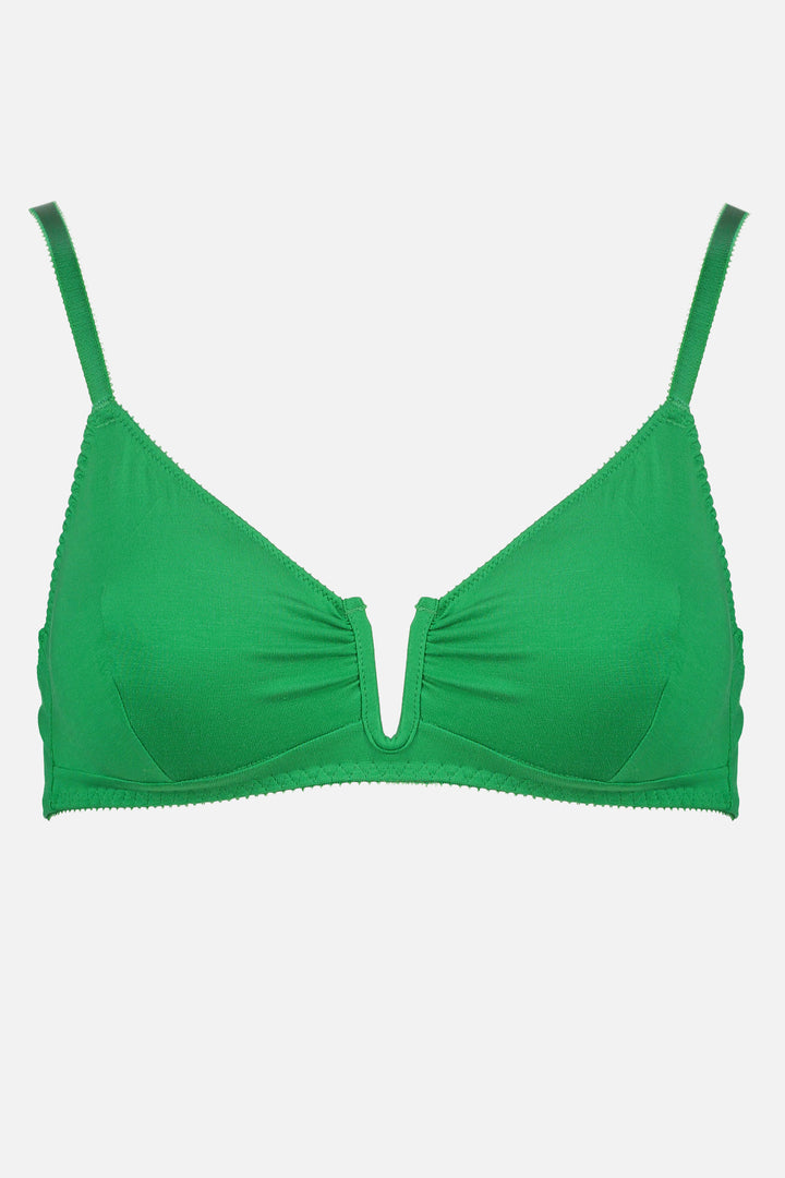 Videris Lingerie Angela underwire free soft cup bra in green TENCEL™ has a triangle shaped cup and U wire in the front