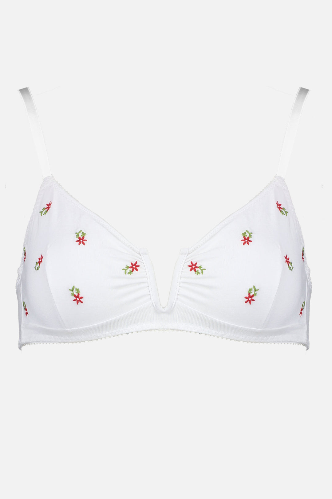 Videris Lingerie Angela wire free white soft cup bra in embroidered TENCEL™ features a triangle shaped cup and front gathers