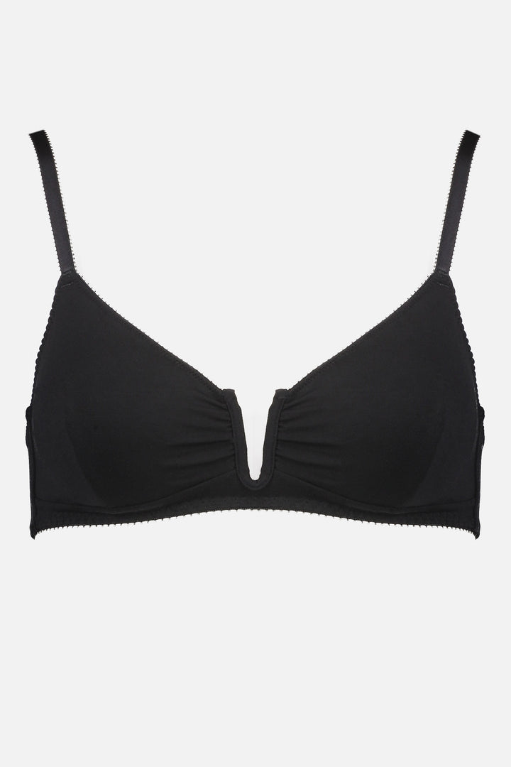 Videris Lingerie Angela underwire free soft cup bra in black TENCEL™ features a triangle shaped cup and U wire in the front