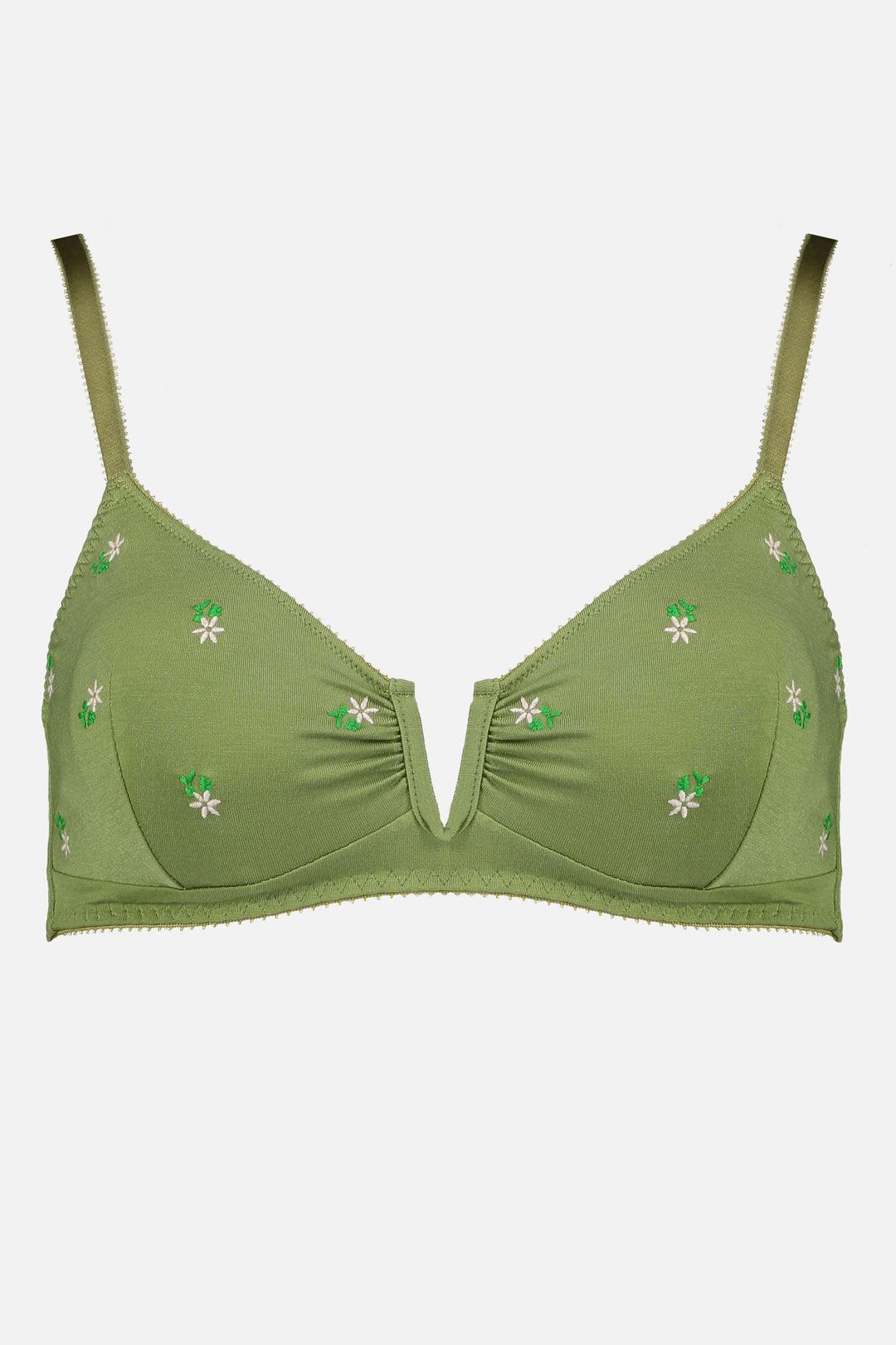 Videris Lingerie Angela wire free soft cup bra in olive embroidered TENCEL™ features a triangle shaped cup and front U wire
