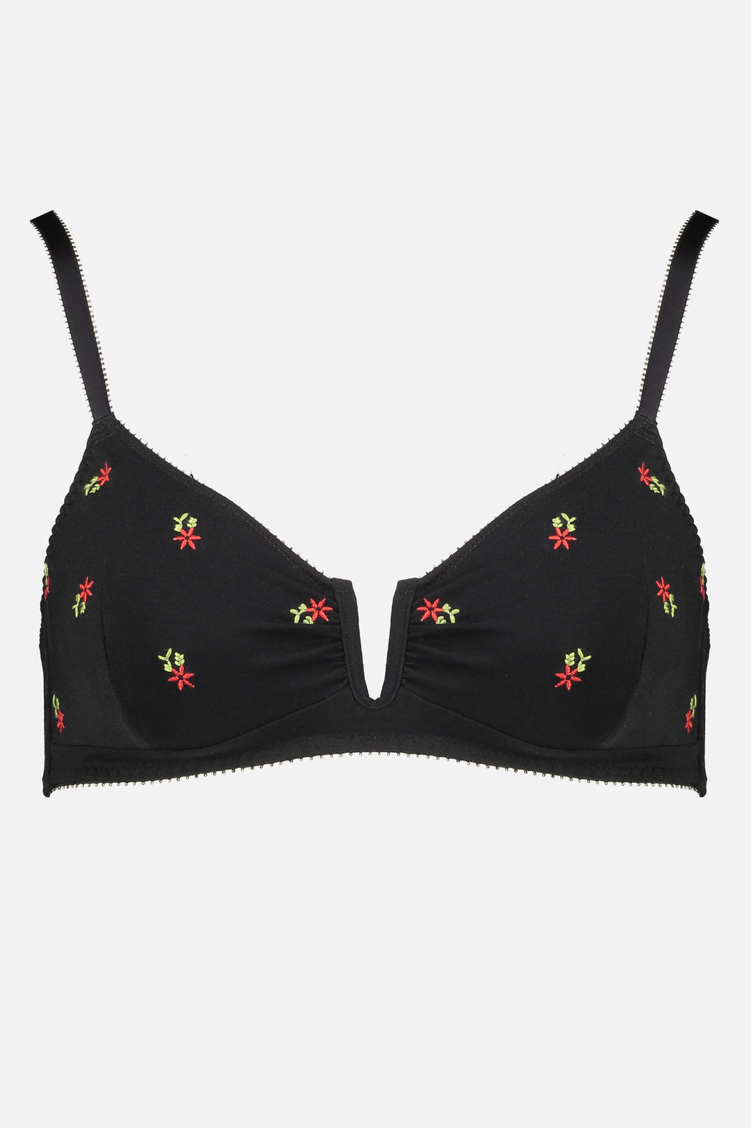 Videris Lingerie Angela wire free soft cup bra in black embroidered TENCEL™ features a triangle shaped cup and front U wire