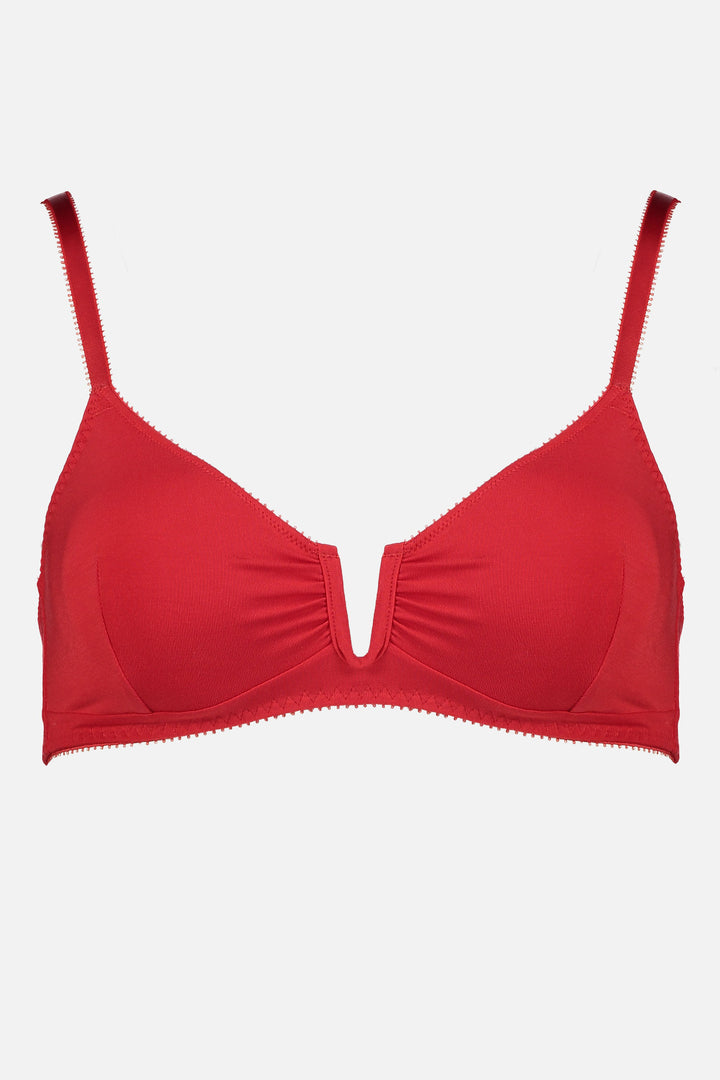 Videris Lingerie Angela underwire free soft cup bra in red TENCEL™ features a triangle shaped cup and U wire in the front