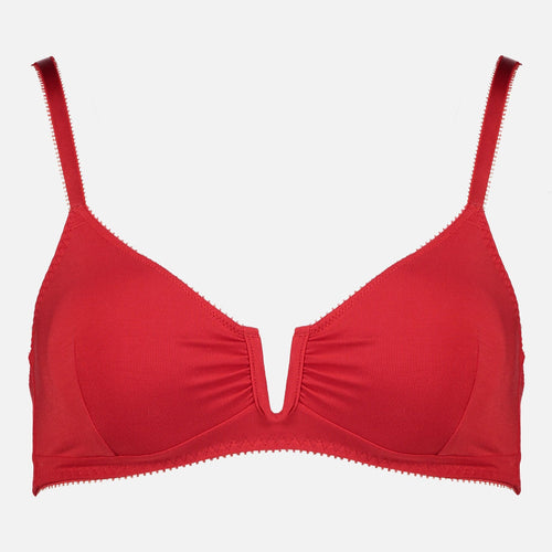 Videris Lingerie Angela underwire free soft cup bra in red TENCEL™ features a triangle shaped cup and U wire in the front