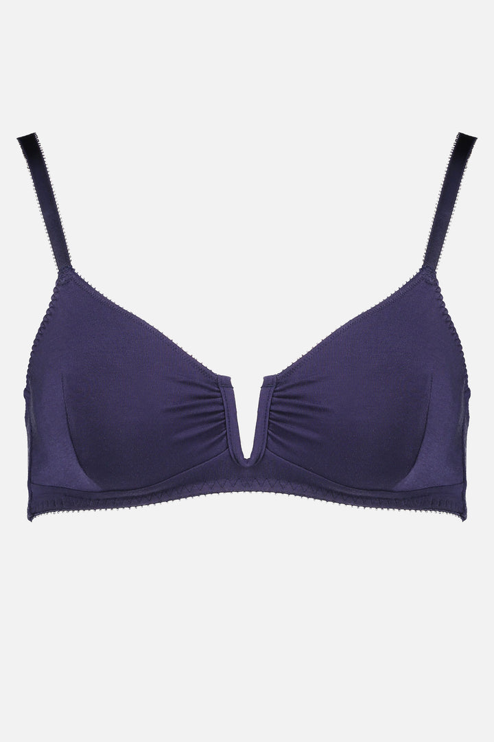 Videris Lingerie Angela underwire free soft cup bra in navy TENCEL™ features a triangle shaped cup and U wire in the front
