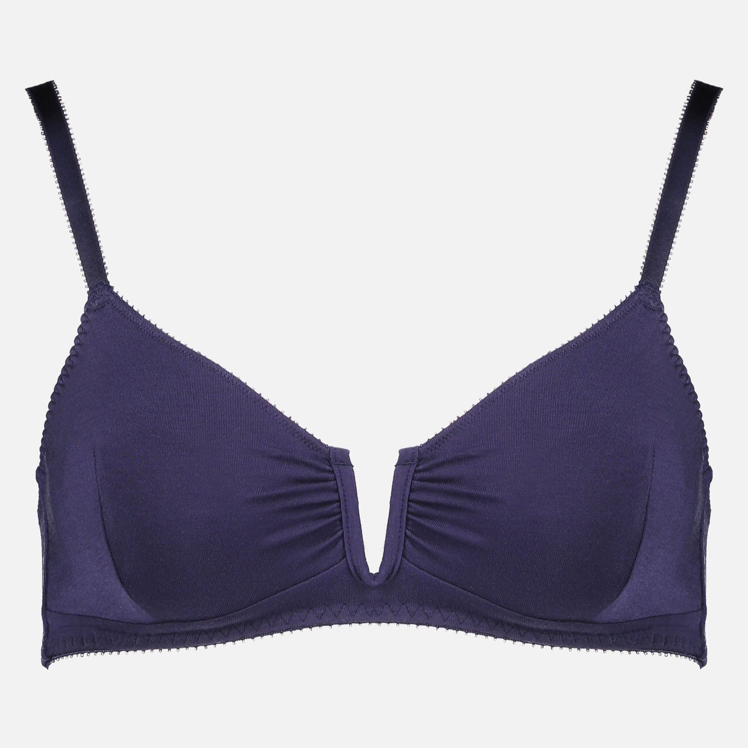 Videris Lingerie Angela underwire free soft cup bra in navy TENCEL™ features a triangle shaped cup and U wire in the front