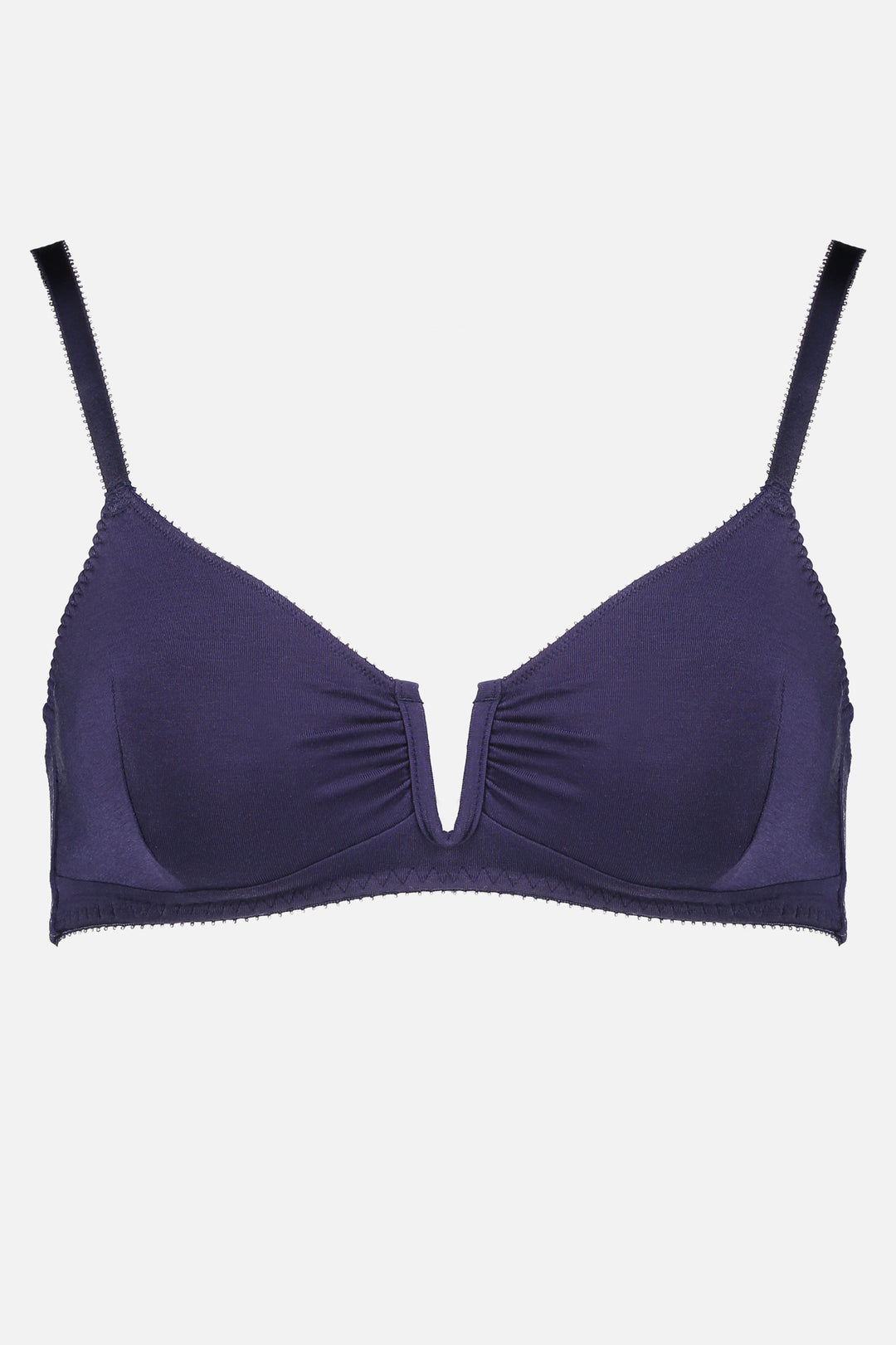 Videris Lingerie Angela underwire free soft cup bra in navy TENCEL™ features a triangle shaped cup and U wire in the front
